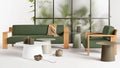 Ridge Outdoor Sofa and Lounge Chair by Blu Dot in Sunbrella Ivy, styled in an indoor-outdoor setting with side tables and greenery