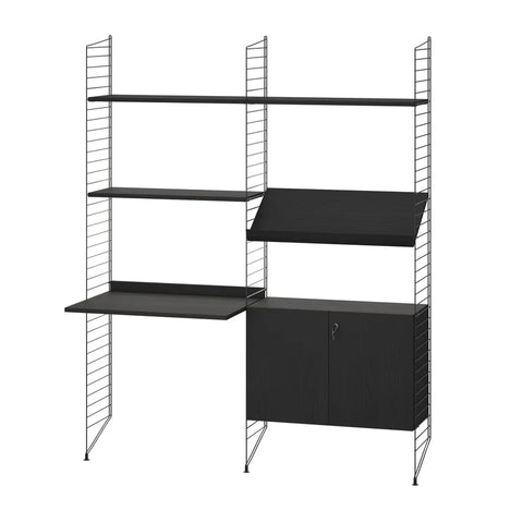 String® System modular shelving in black with desk, shelves, magazine shelf, and cabinet with lock