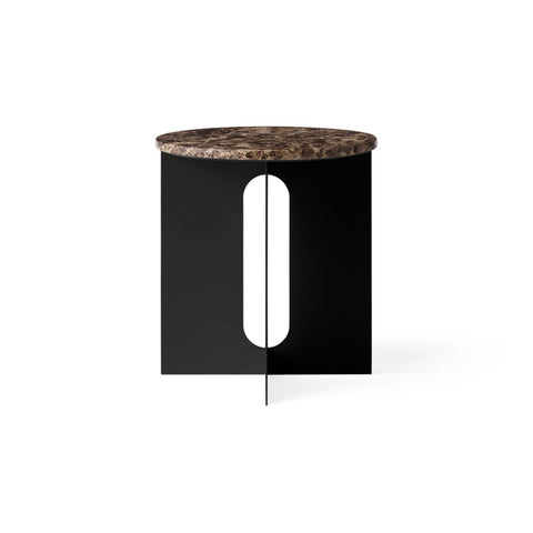 Audo Copenhagen Androgyne Side Table, 16.5" with Black Metal base and Emperador Marble top, packshot on white