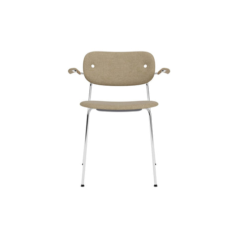 Audo Copenhagen Co Dining Chair, With Arms, Fully Upholstered in Chrome and Natural Oak with Audo Bouclé 02, packshot on white