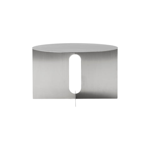 Audo Copenhagen Androgyne Side Table, Wide with Brushed Steel base and Brushed Steel top, packshot on white