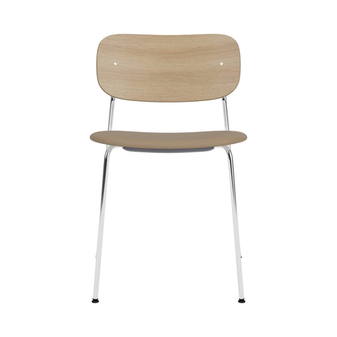 Audo Copenhagen Co Dining Chair, Without Arms, Partially Upholstered in Chrome and Natural Oak with Sierra 1611, packshot on white