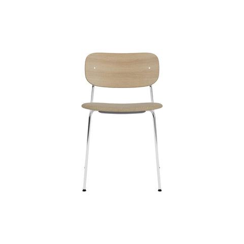 Audo Copenhagen Co Dining Chair, Without Arms, Partially Upholstered in Chrome and Natural Oak with Audo Bouclé 02, packshot on white
