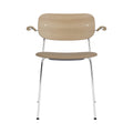 Audo Copenhagen Co Dining Chair, With Arms, Partially Upholstered in Chrome and Natural Oak with Sierra 1611, packshot on white