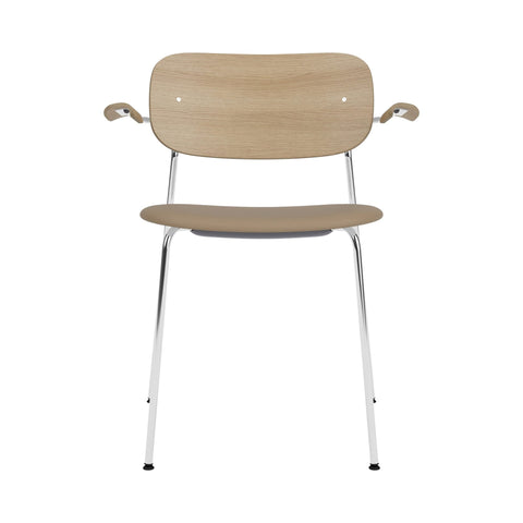 Audo Copenhagen Co Dining Chair, With Arms, Partially Upholstered in Chrome and Natural Oak with Sierra 1611, packshot on white