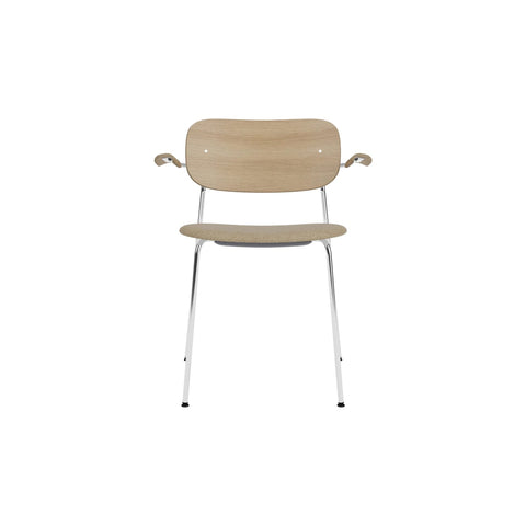 Audo Copenhagen Co Dining Chair, With Arms, Partially Upholstered in Chrome and Natural Oak with Audo Bouclé 02, packshot on white