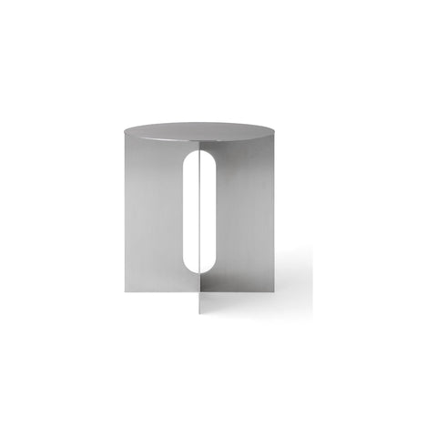 Audo Copenhagen Androgyne Side Table, 16.5" with Brushed Steel base and Brushed Steel top, packshot on white