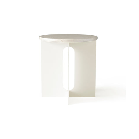 Audo Copenhagen Androgyne Side Table, 16.5" with Ivory Metal base and Calacatta Viola Marble top, packshot on white