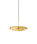 resonant ceiling light fixture in brushed brass designed by Alf Svensson & Yngvar Sandström for audo copenhagen