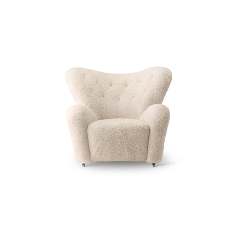 Audo Copenhagen The Tired Man Lounge Chair in Natural Oak with Sheepskin Moonlight, packshot on white