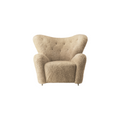 Audo Copenhagen The Tired Man Lounge Chair in Natural Oak with Sheepskin Honey, packshot on white