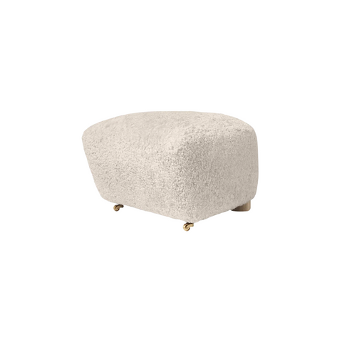 Audo Copenhagen The Tired Man Ottoman in Natural Oak with Sheepskin Moonlight, packshot on white