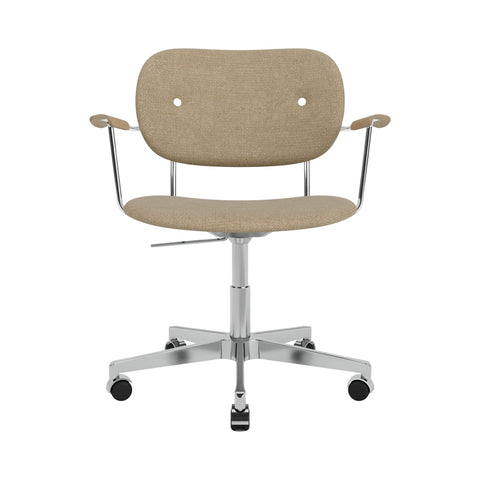 Audo Copenhagen Co Task Chair, Fully Upholstered, With Arms in Polished Aluminum and Natural Oak with Audo Bouclé 02, packshot on white