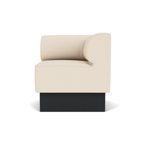 Audo Copenhagen Eave Dining Sofa, Corner, 30", Right Corner in Logan Jasmine on a Plateau base in Black Oak, packshot on white