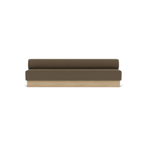 Audo Copenhagen Eave Dining Sofa, Open Section, 110" in Logan Nutmeg on a Plateau base in Natural Oak, packshot on white
