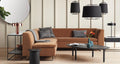 Blu Dot Bonnie 96" Sofa with Clyde sectional in copper velvet styled in a sophisticated modern living room