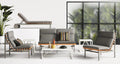 Perch Outdoor Lounge Chair by Blu Dot in Toohey Charcoal, styled with Perch 2 Seat Sofa, chaise, and side tables in a modern outdoor lounge setting