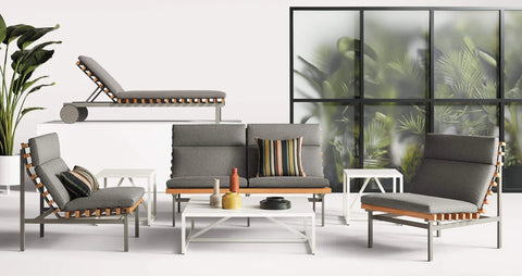 Perch Outdoor Sun Lounger by Blu Dot in Toohey Charcoal, styled in outdoor lounge setting with Perch collection