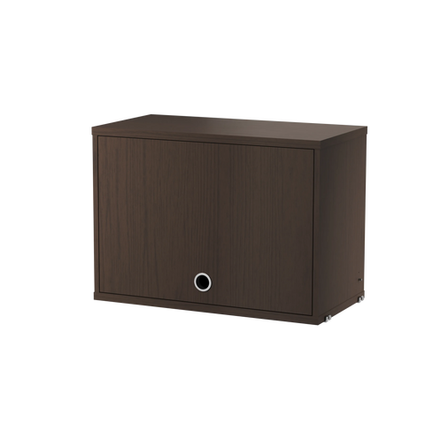 String® System cabinet with flip door in dark oak finish, customizable shelving component