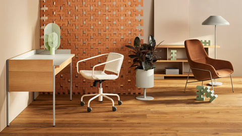 Blu Dot Daily Task Chair in Tidbit Ivory styled at a walnut desk in a warm modern home office setting