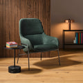 Modern lounge chair with black tulip coffee table and wood slat accent wall 