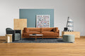 Sunday 82" Sofa by Blu Dot in Copper Velvet styled in a living room with armchair and coffee table