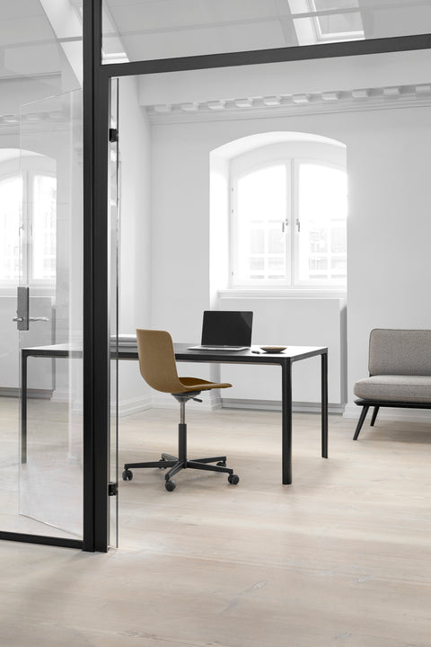 Close up of Pato Office Chair upholstery and curved shell, Fredericia design with premium fabric texture