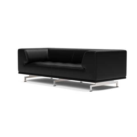 Delphi Sofa 2-seater in black leather with chrome legs, angled front view – modern Scandinavian design by Fredericia