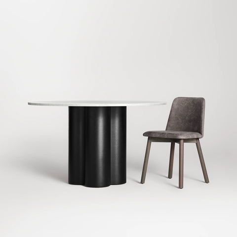Blu Dot 4/4 Round Dining Table 48-inch with marble top and black on ash base on white background
