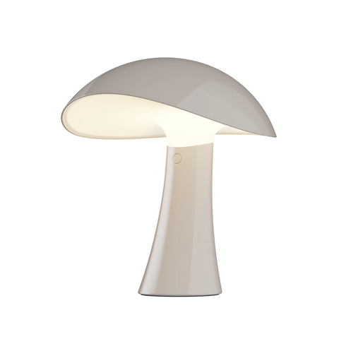 Louis Poulsen Rumee 220 Portable Lamp in Earth Grey showcasing its sculptural silhouette and diffused light