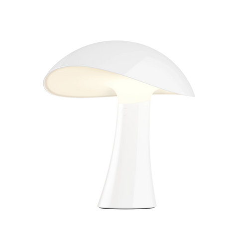 Louis Poulsen Rumee 220 Portable Lamp in Cloud White with its dome-shaped shade softly glowing.