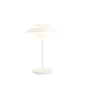 PH 80 Portable Lamp in white by Louis Poulsen with layered shades and soft diffuse light on black background