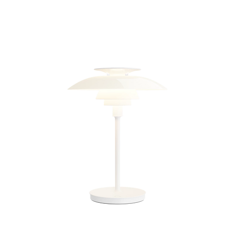PH 80 Portable Lamp in white by Louis Poulsen with layered shades and soft diffuse light on black background