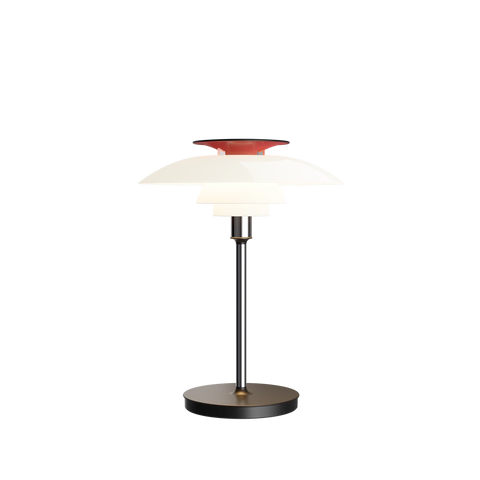 PH 80 Portable Lamp in chrome with red top reflector illuminated on black background by Louis Poulsen