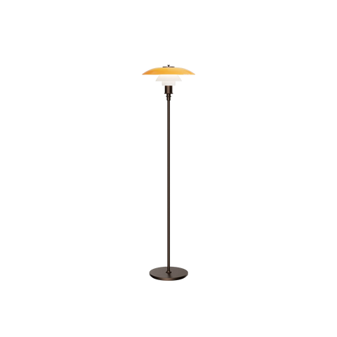 Louis Poulsen PH 3½-2½ Floor Lamp Centenary Edition — full view of aged brass floor lamp with amber upper shade and white opal lower shades on black background