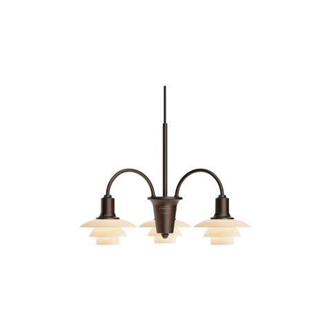 Louis Poulsen PH 1/1 Chandelier Centenary Edition 3-arm configuration in bronzed brass with opal glass shades, isolated on black background