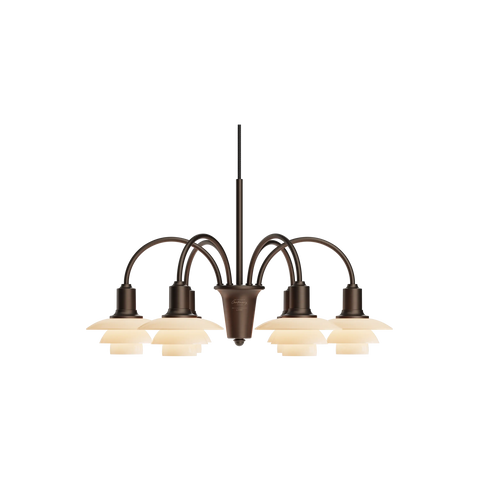 Louis Poulsen PH 1/1 Chandelier Centenary Edition 6-arm configuration in bronzed brass with opal glass shades, isolated on black background
