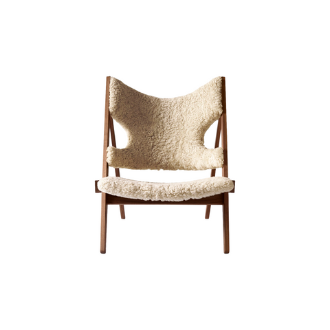Audo Copenhagen Knitting Lounge Chair, Sheepskin in Walnut and Sheepskin Natural, packshot on white