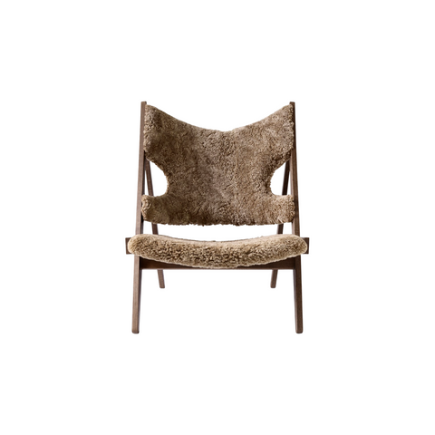Audo Copenhagen Knitting Lounge Chair, Sheepskin in Dark Stained Oak and Sheepskin Sahara, packshot on white