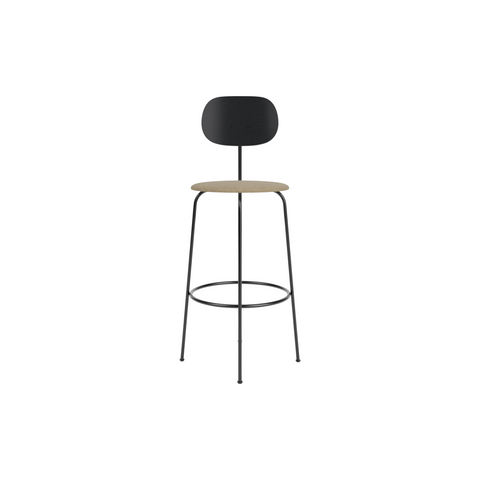Audo Copenhagen Afteroom Plus Bar & Counter Chair, Upholstered Seat Bar in Black Painted Ash with Audo Bouclé 02, packshot on white