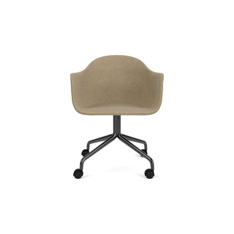 Audo Copenhagen Harbour Arm Chair, Dining Height, Upholstered in Black Steel Star Base with Casters with Audo Bouclé 02, packshot on white