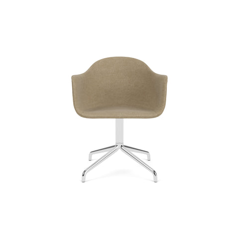 Audo Copenhagen Harbour Arm Chair, Dining Height, Upholstered in Polished Aluminum Star Base with Swivel with Audo Bouclé 02, packshot on white