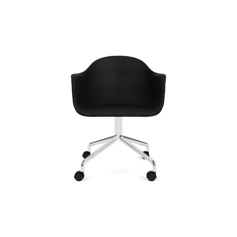 Audo Copenhagen Harbour Arm Chair, Dining Height, Upholstered in Polished Aluminum Star Base with Casters with Sierra 1001, packshot on white