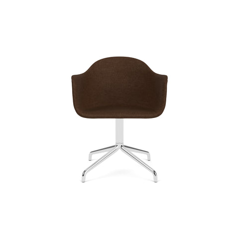 Audo Copenhagen Harbour Arm Chair, Dining Height, Upholstered in Polished Aluminum Star Base with Swivel with Audo Bouclé 07, packshot on white