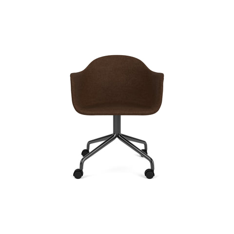 Audo Copenhagen Harbour Arm Chair, Dining Height, Upholstered in Black Steel Star Base with Casters with Audo Bouclé 07, packshot on white