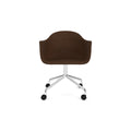 Audo Copenhagen Harbour Arm Chair, Dining Height, Upholstered in Polished Aluminum Star Base with Casters with Audo Bouclé 07, packshot on white