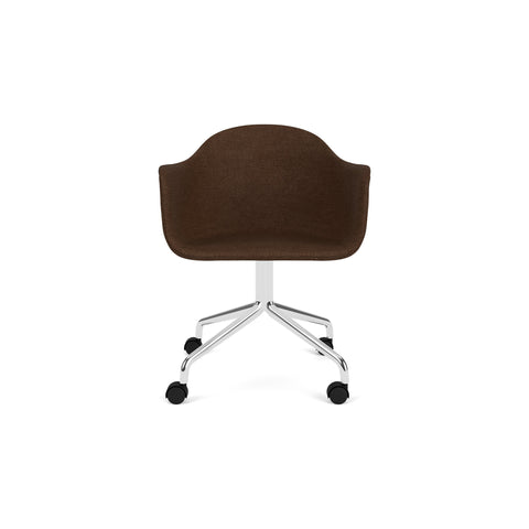 Audo Copenhagen Harbour Arm Chair, Dining Height, Upholstered in Polished Aluminum Star Base with Casters with Audo Bouclé 07, packshot on white