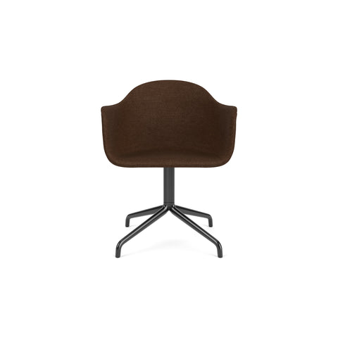 Audo Copenhagen Harbour Arm Chair, Dining Height, Upholstered in Black Steel Star Base with Return with Audo Bouclé 07, packshot on white