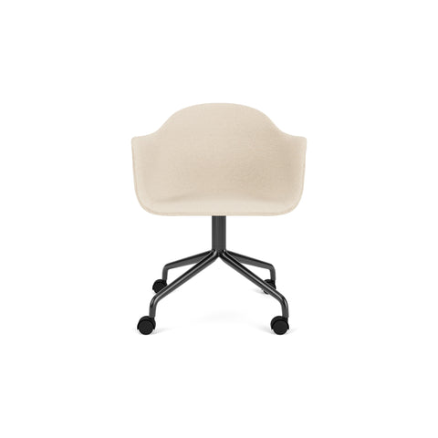 Audo Copenhagen Harbour Arm Chair, Dining Height, Upholstered in Black Steel Star Base with Casters with Logan Jasmine, packshot on white