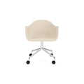 Audo Copenhagen Harbour Arm Chair, Dining Height, Upholstered in Polished Aluminum Star Base with Casters with Logan Jasmine, packshot on white